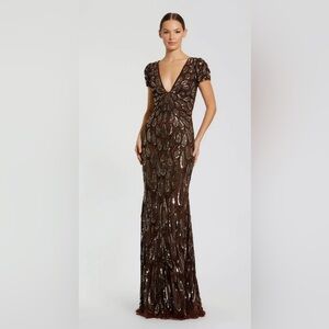 Brown Beaded Embellished V Neck Cap sleeve column gown.